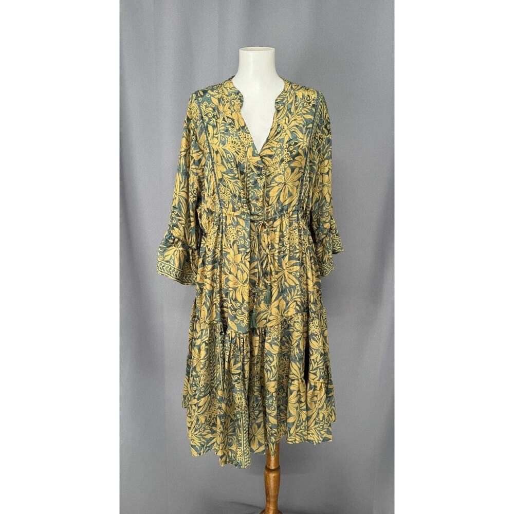 Karma Highway Dress One Size Yellow Green Floral Boho Tiered Midi Summer